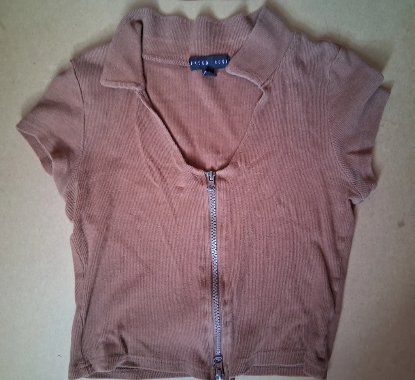 Faded Robe Brown Ribbed Zip-Up Crop Top