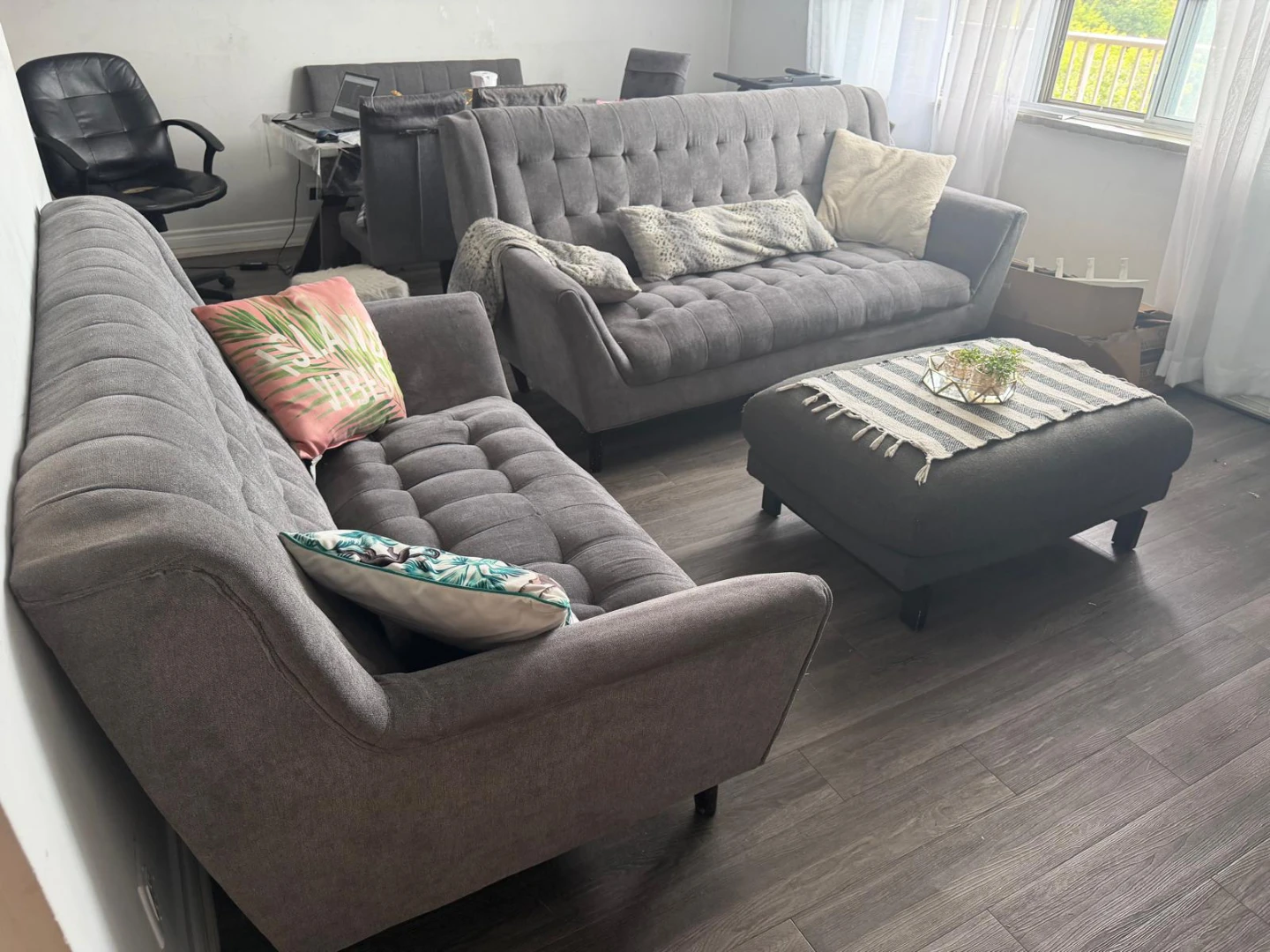 Grey Tufted Sofa Set with Ottoman - photo 5