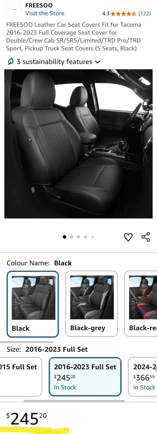 FREESOO Leather Car Seat Covers for Toyota Tacoma 2016-2023 - photo 3