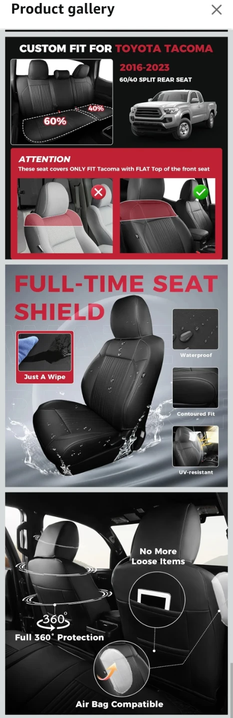 FREESOO Leather Car Seat Covers for Toyota Tacoma 2016-2023 - photo 4