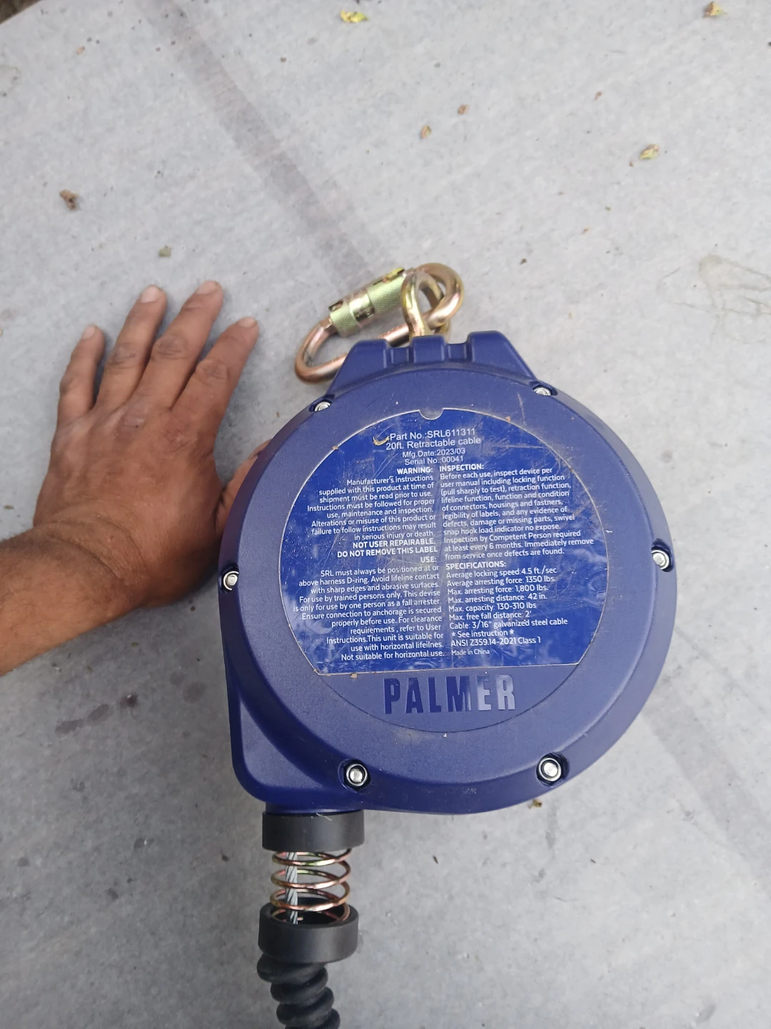 Palmer Safety 20FT Cable SRL Class 1 Retractable Fall Arrester - photo 3