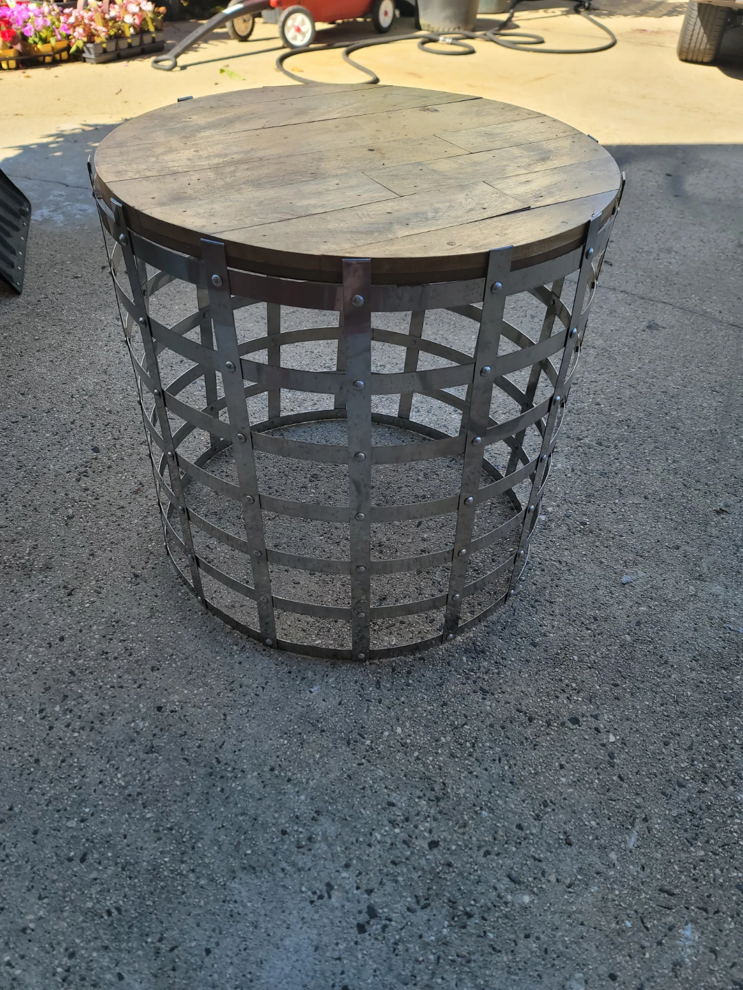Round Side Table with Wood Top and Metal Cage Base