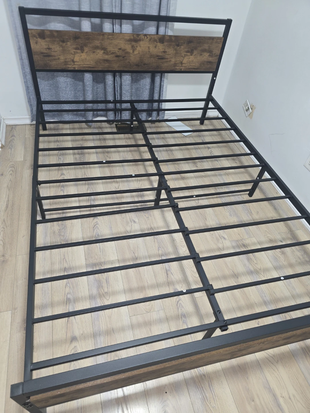 Metal Bed Frame with Wood Headboard