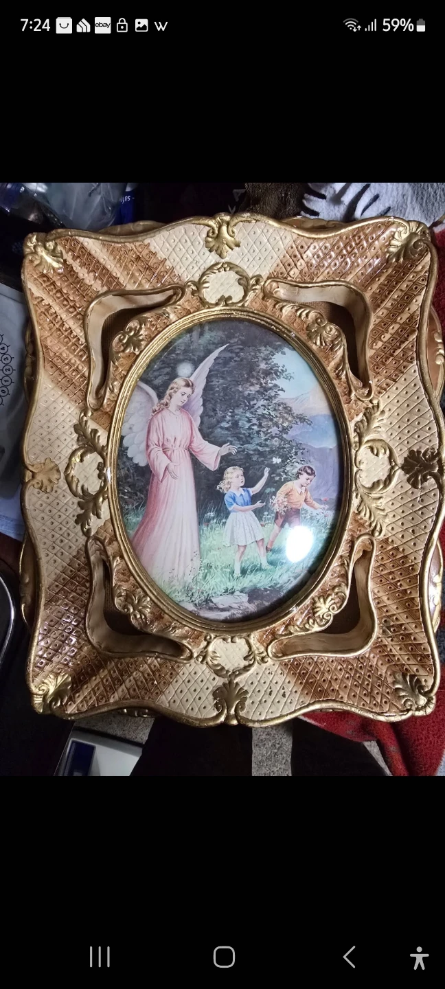 Vintage Ornate Gold Tone Framed Print - Angel and Children