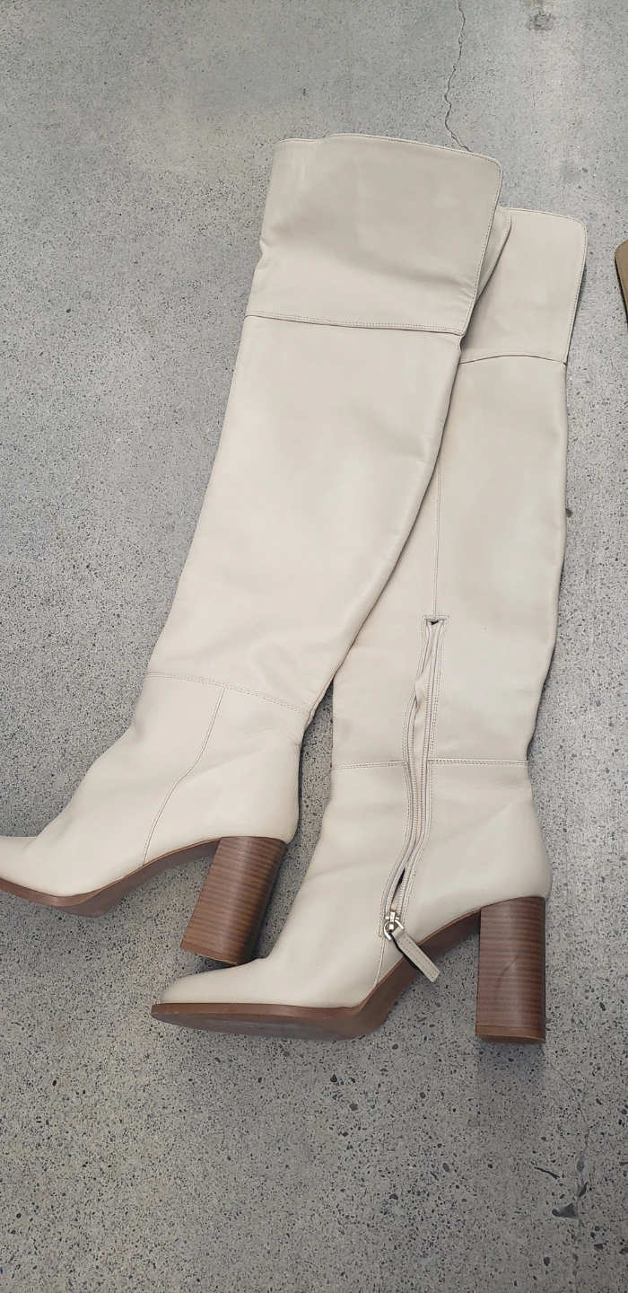 Cream Leather Knee-High Boots