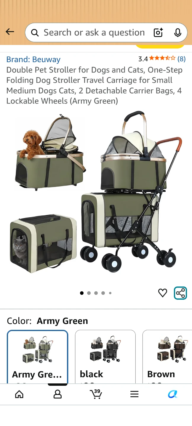 Beauway Double Pet Stroller for Dogs and Cats - Army Green ⚽