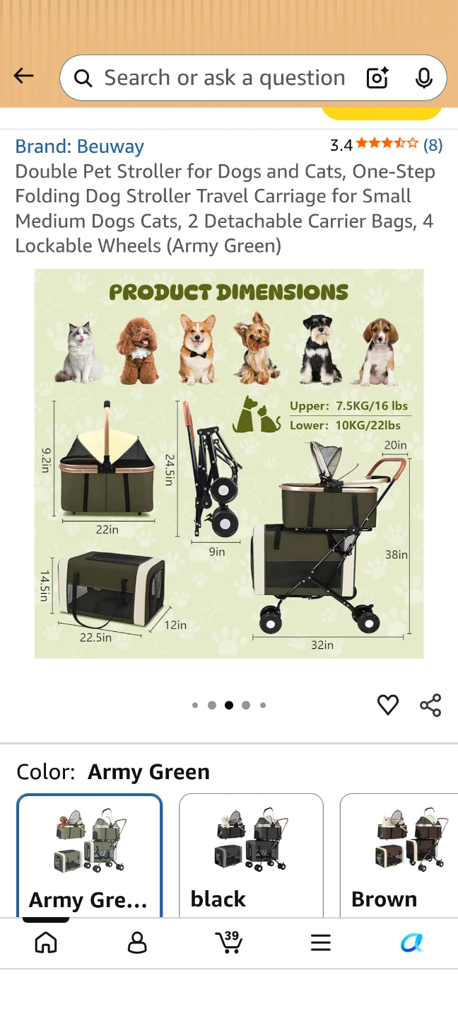 Beauway Double Pet Stroller for Dogs and Cats - Army Green ⚽ - photo 2