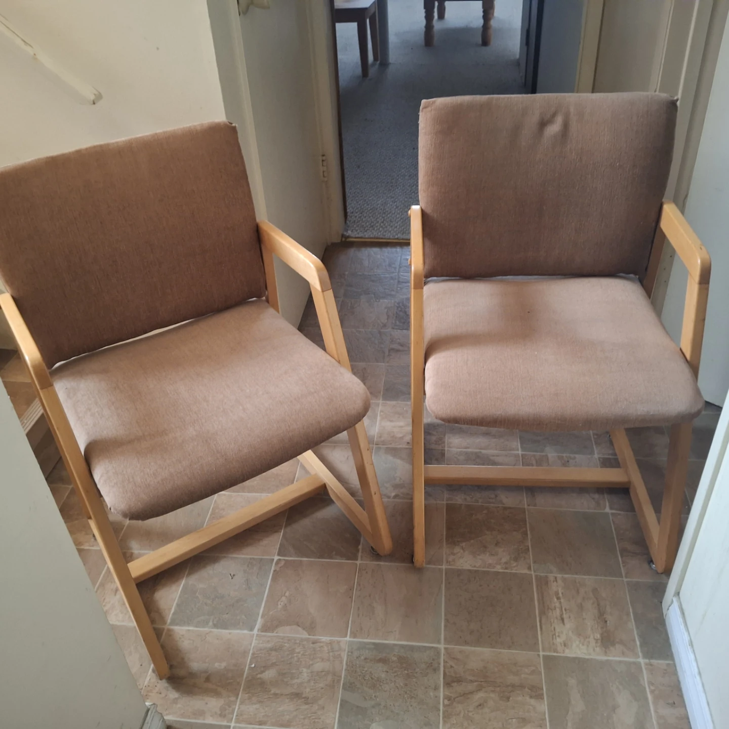 Pair of Brown Fabric Arm Chair with Wooden Frame