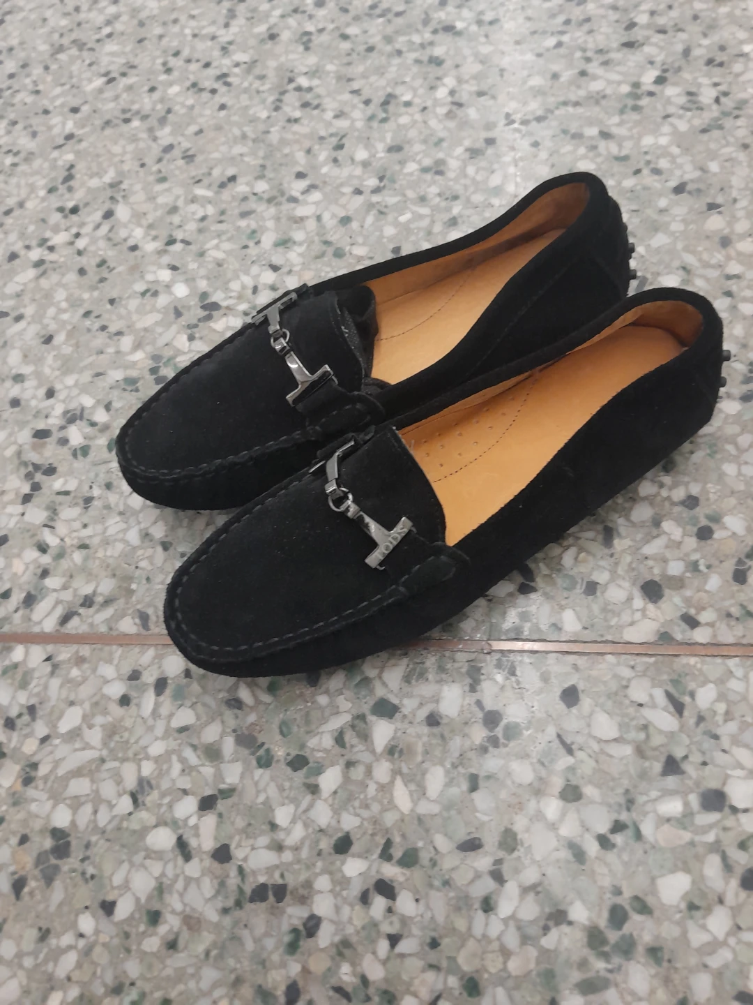 Black Suede Loafers with Silver Buckle Size 7