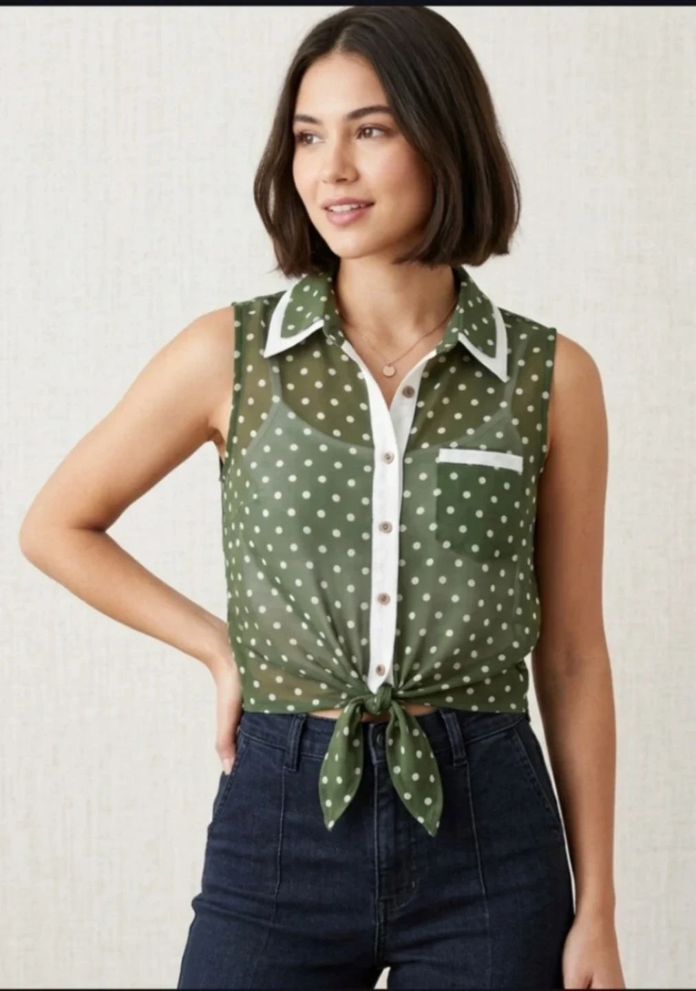 Olive Green Polka Dot Sleeveless Crop Shirt