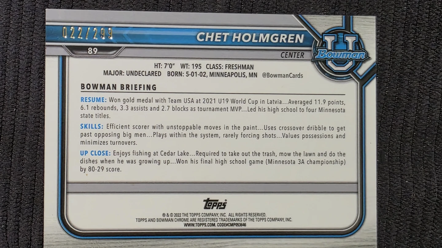 Chet Holmgren Bowman Rookie Card - photo 2