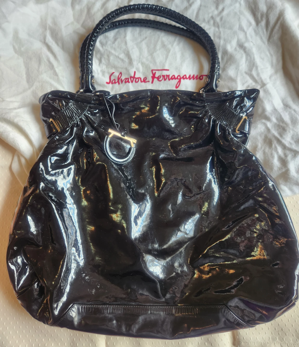 Salvatore Ferragamo Black Patent Leather Hobo Bag