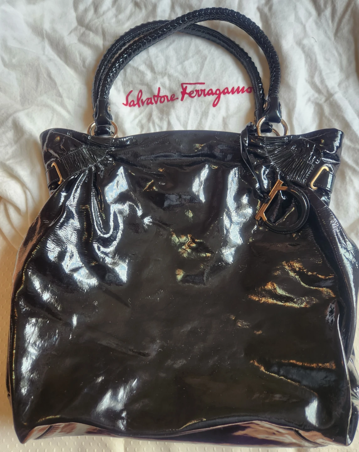 Salvatore Ferragamo Black Patent Leather Hobo Bag - photo 2