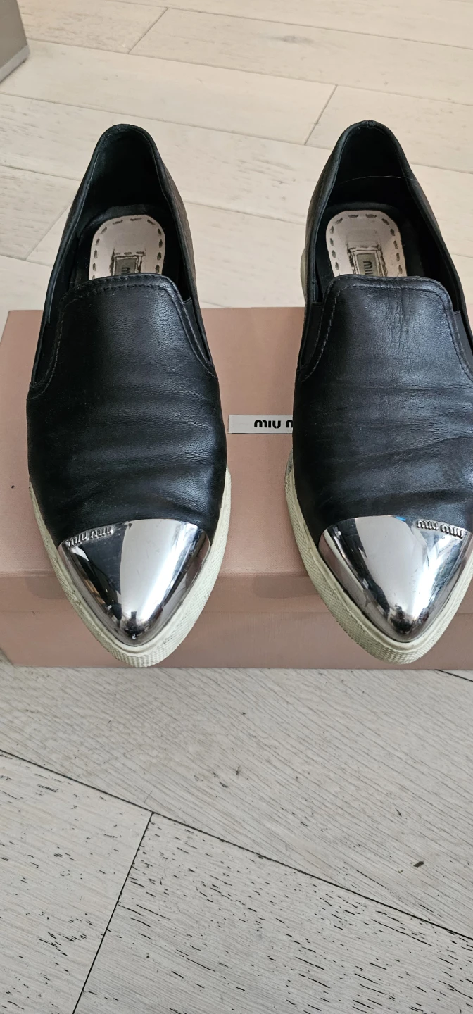Miu Miu Black Leather Cap Toe Slip-On Sneakers - Size 8