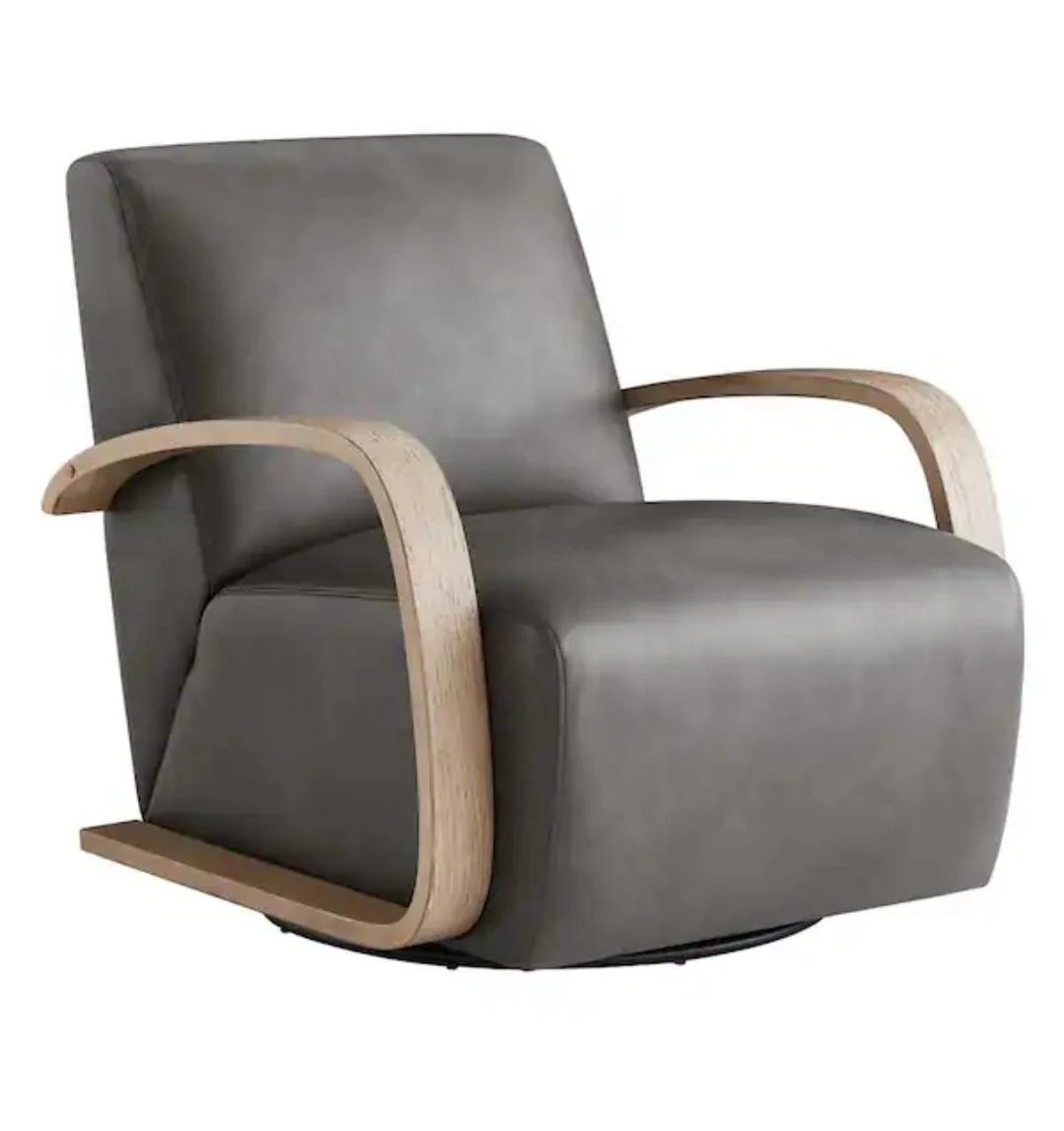 Grey Swivel Armchair with Wood Accents