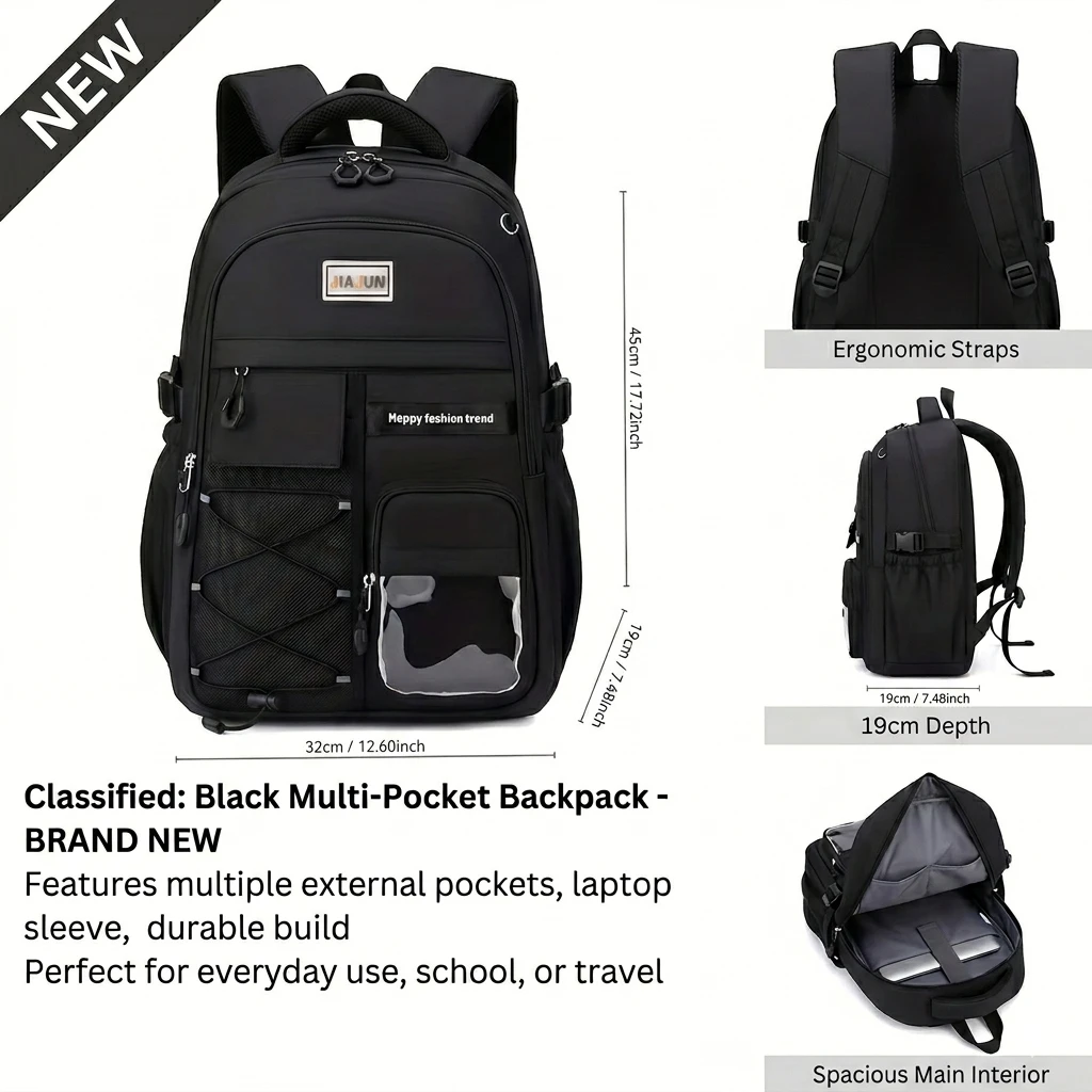 Brand New Sleek Black Everyday Backpack (32cm x 45cm x 19cm)