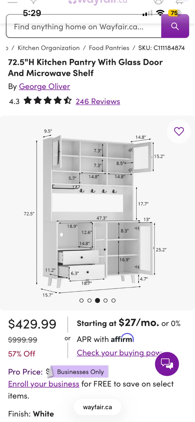 72.5" Kitchen Pantry with Glass Door and Microwave Shelf - photo 2