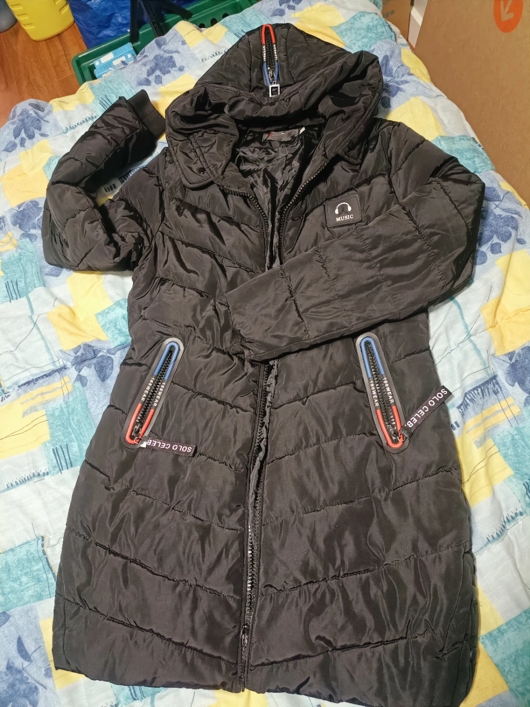 Black Puffer Jacket with "Music" Patch
