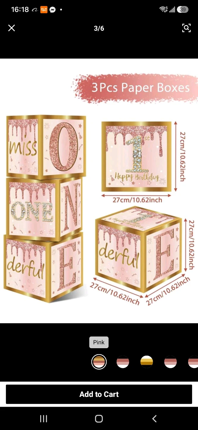 3pcs Pink "ONE" Decorative Baby Boxes