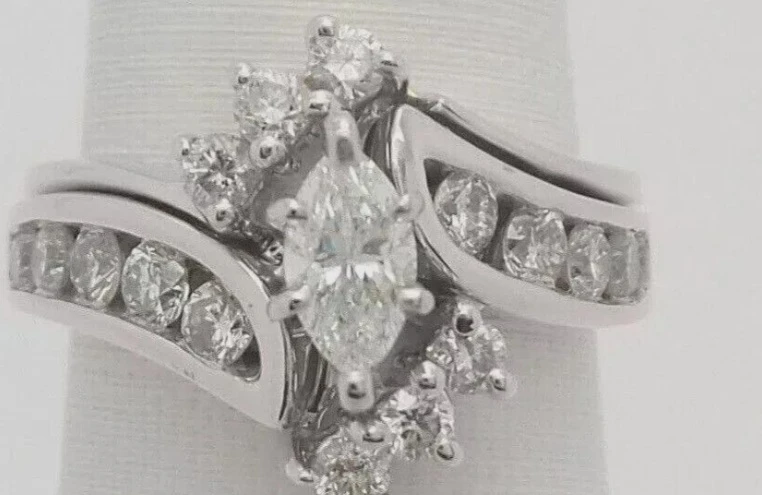 Sterling Silver Marquise Diamond Engagement Ring Set