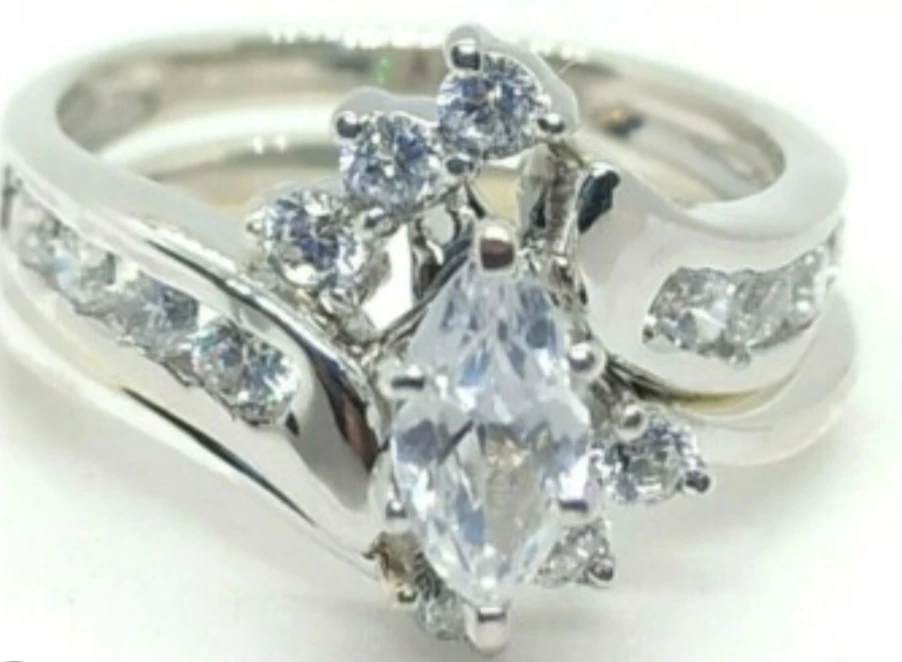 Sterling Silver Marquise Diamond Engagement Ring Set - photo 2