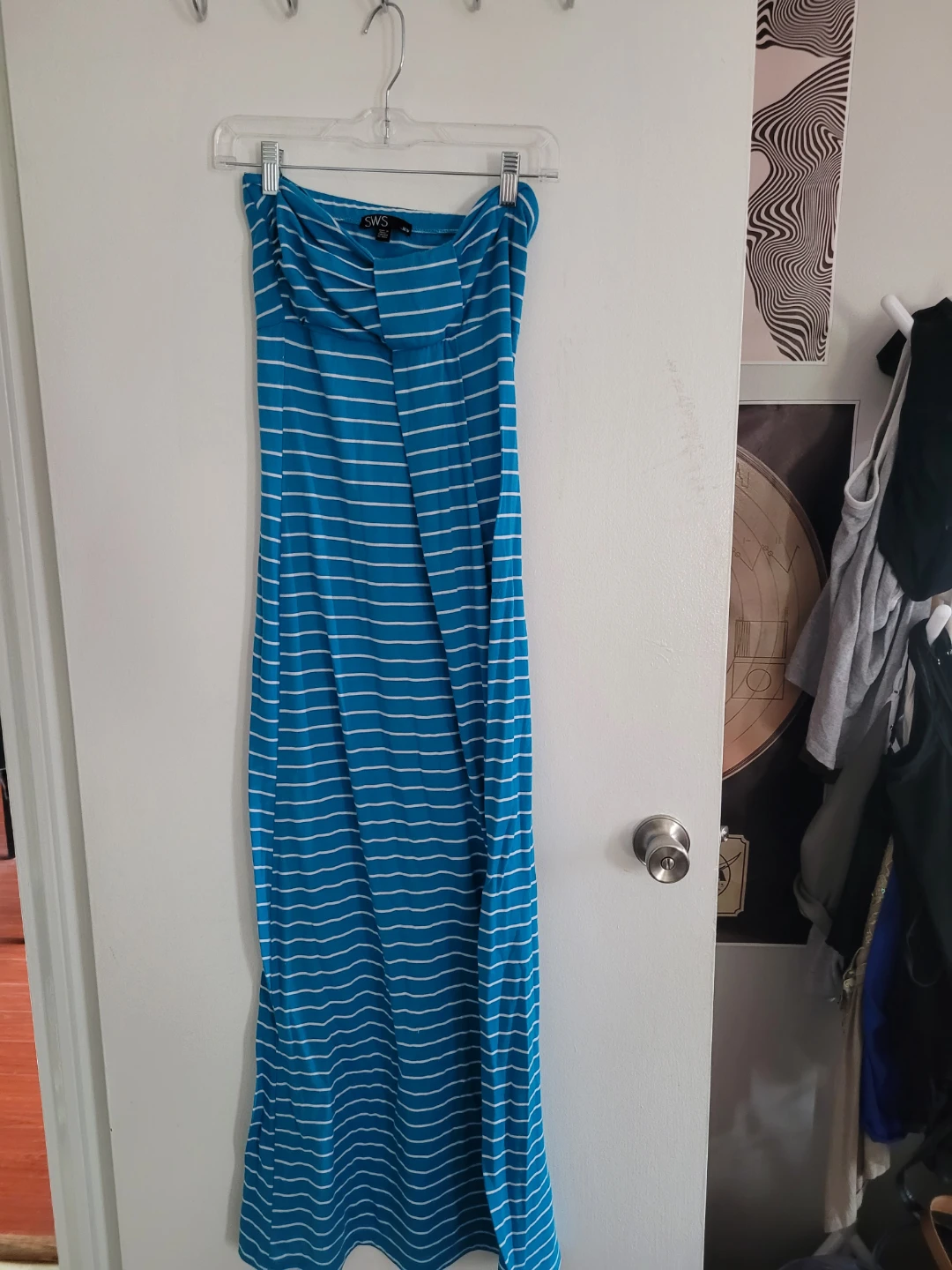 Blue and white striped maxi dress
