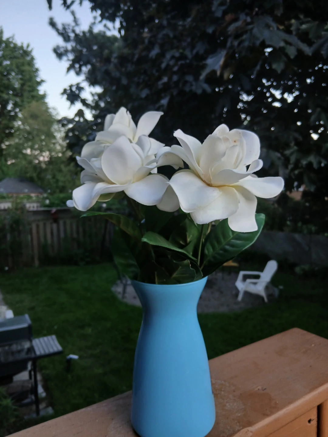 Light Blue Vase with White Artificial Gardenias