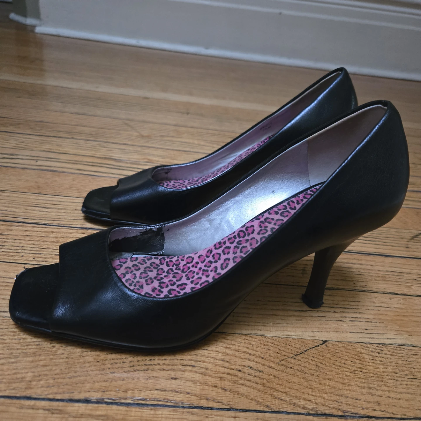 Black Peep-Toe Heels with Pink Leopard Print Insoles - photo 4