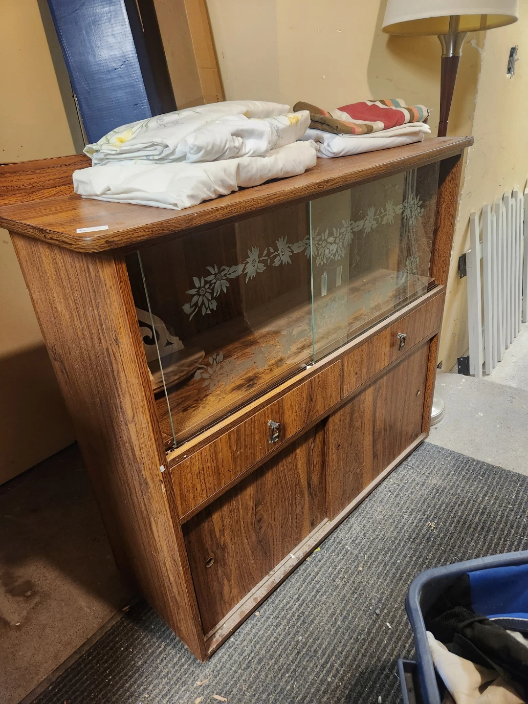 Vintage Wood Cabinet with Glass Doors