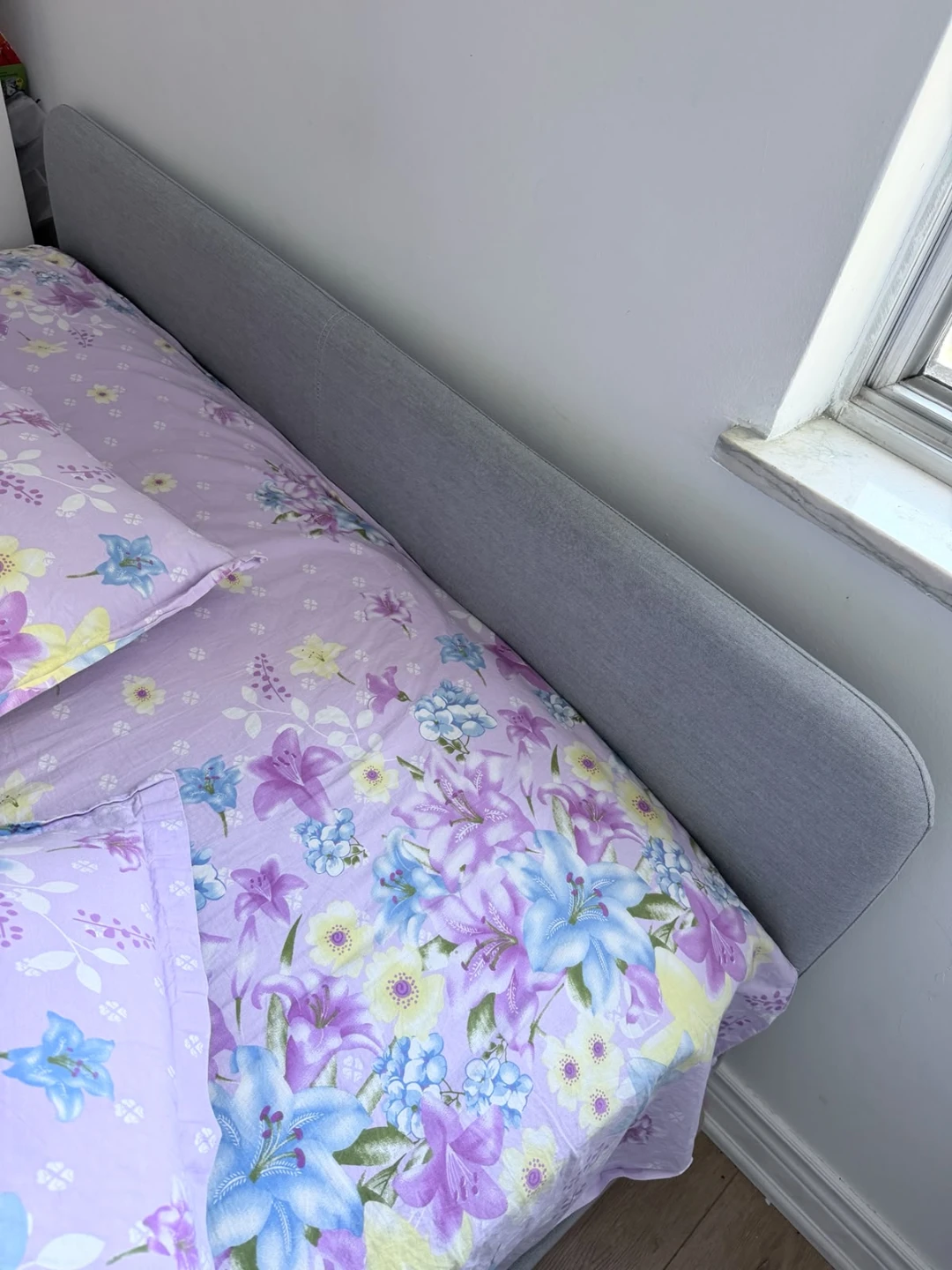 Grey Upholstered Bed Frame with Black Legs