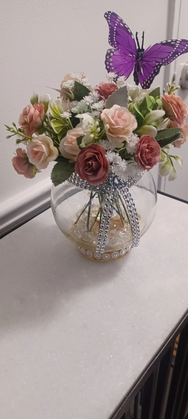 Artificial Flower Arrangement in Glass Vase with Butterfly