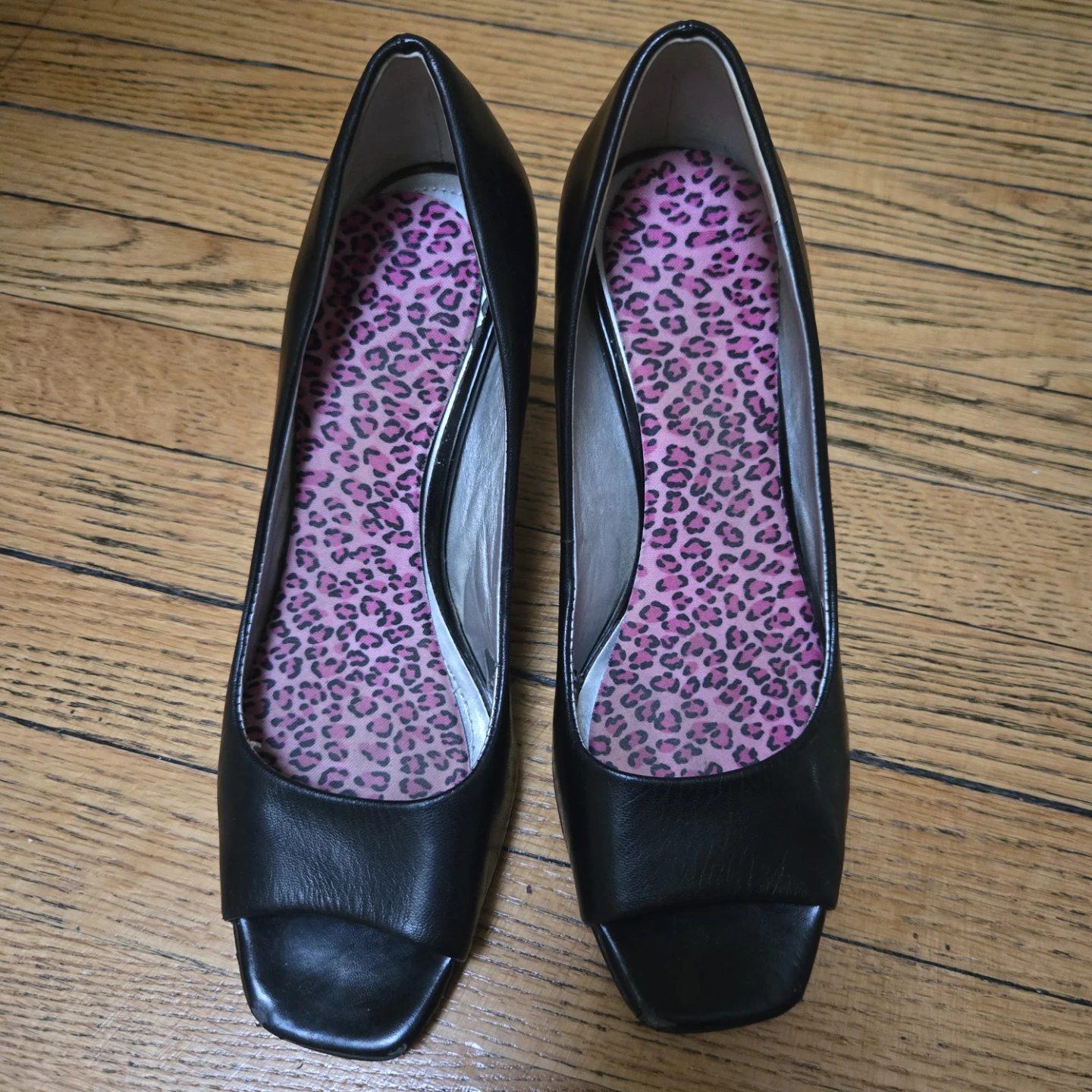 Black Peep-Toe Heels with Pink Leopard Print Insoles
