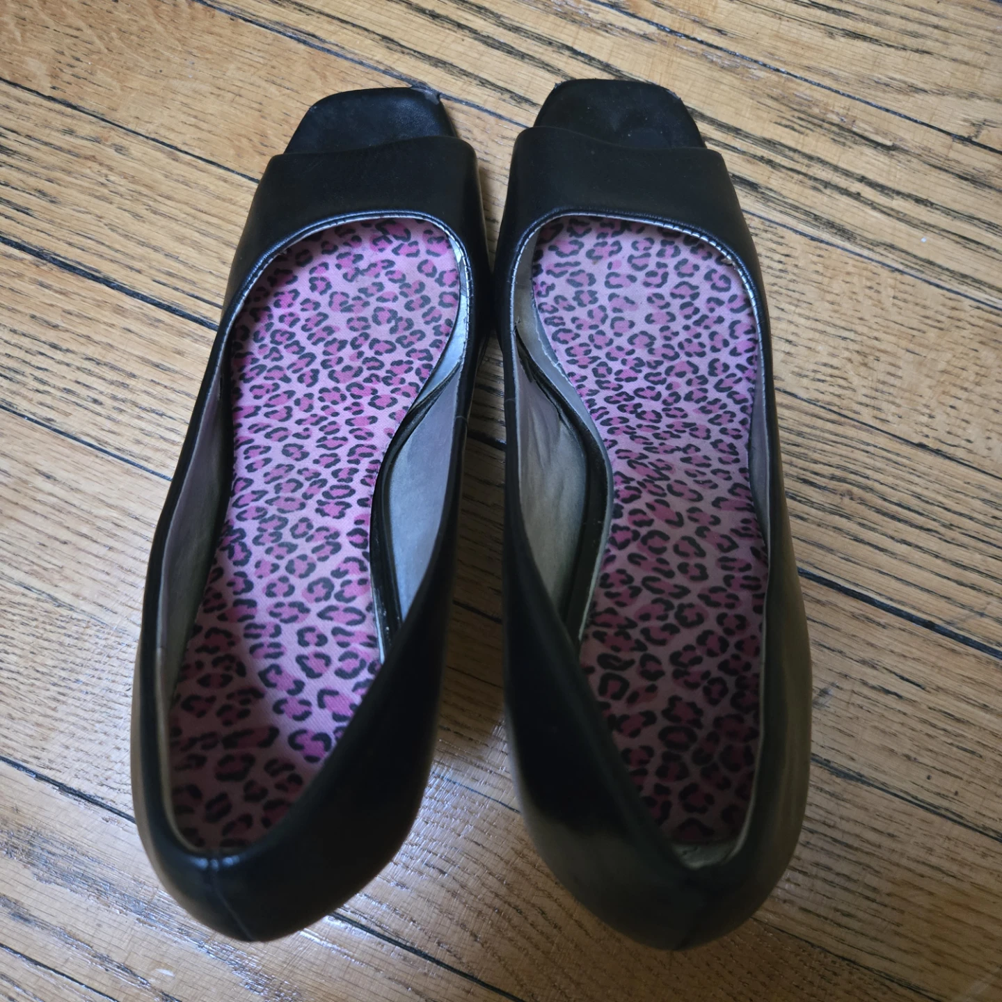 Black Peep-Toe Heels with Pink Leopard Print Insoles - photo 2
