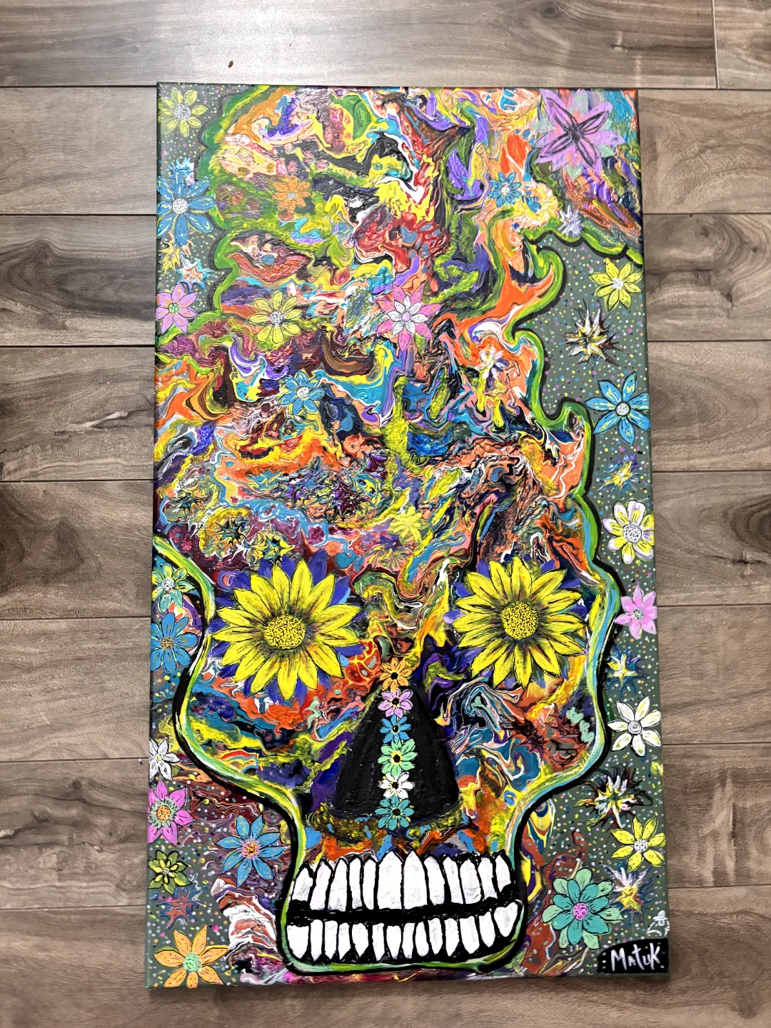 Vibrant Skull Flower Acrylic Painting