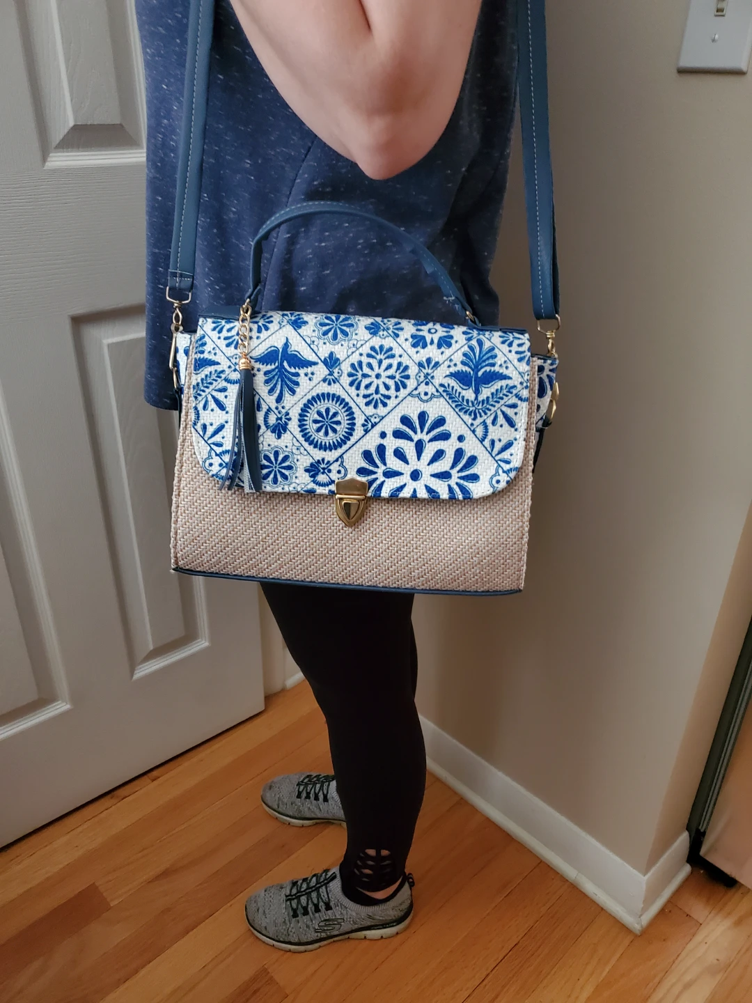 Blue & White Floral Print Crossbody Bag