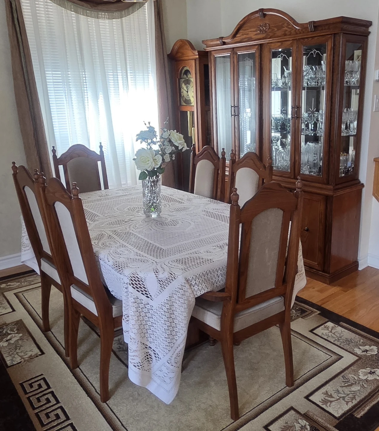 Wooden Dining Set with China Cabinet and Grandfather Clock