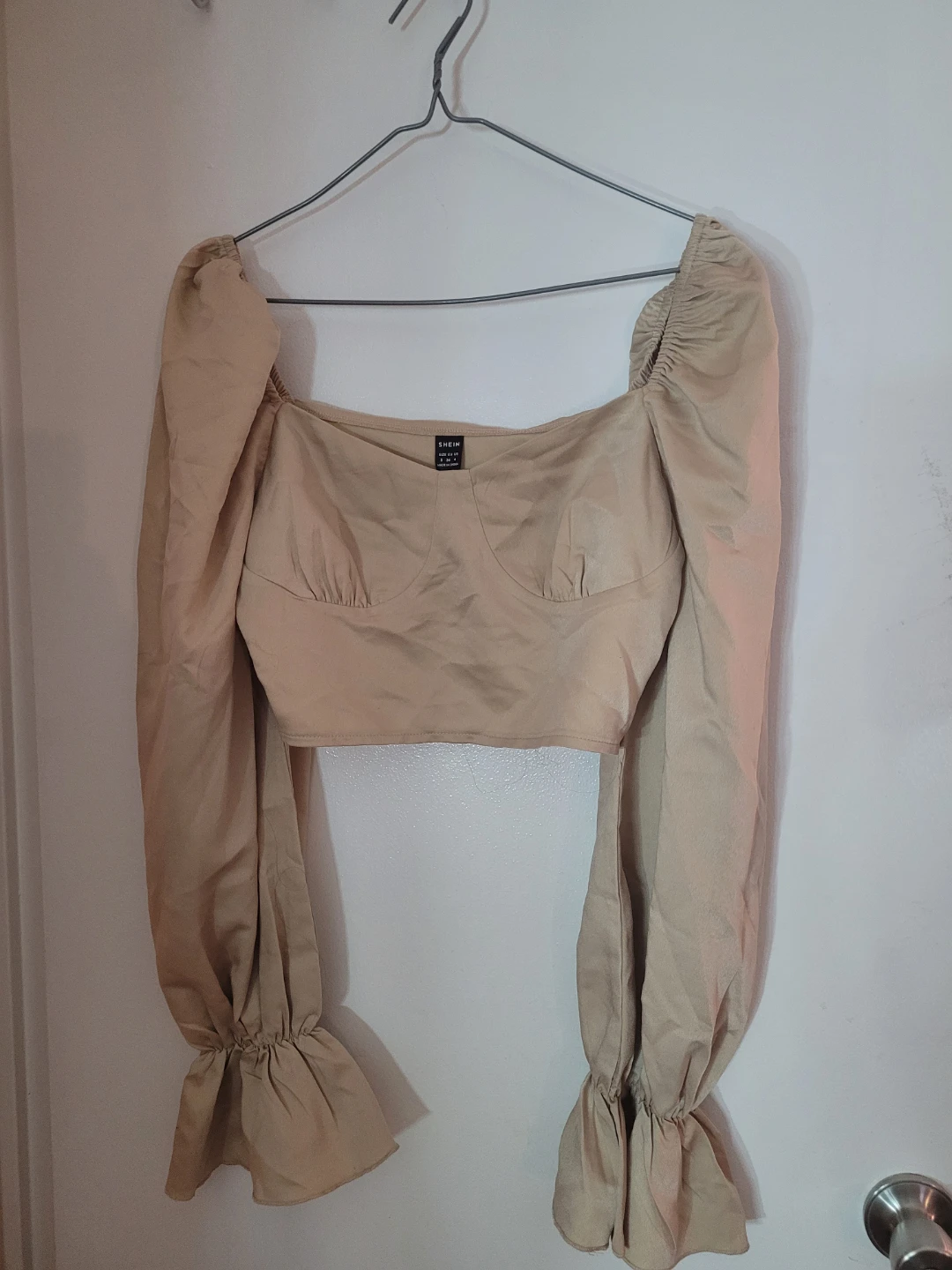Beige Square Neck Puff Sleeve Crop Top