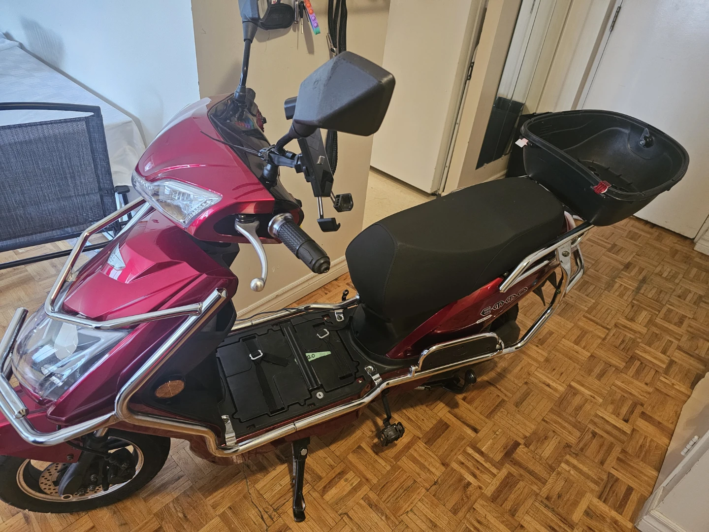 Red Electric Scooter with Storage Basket