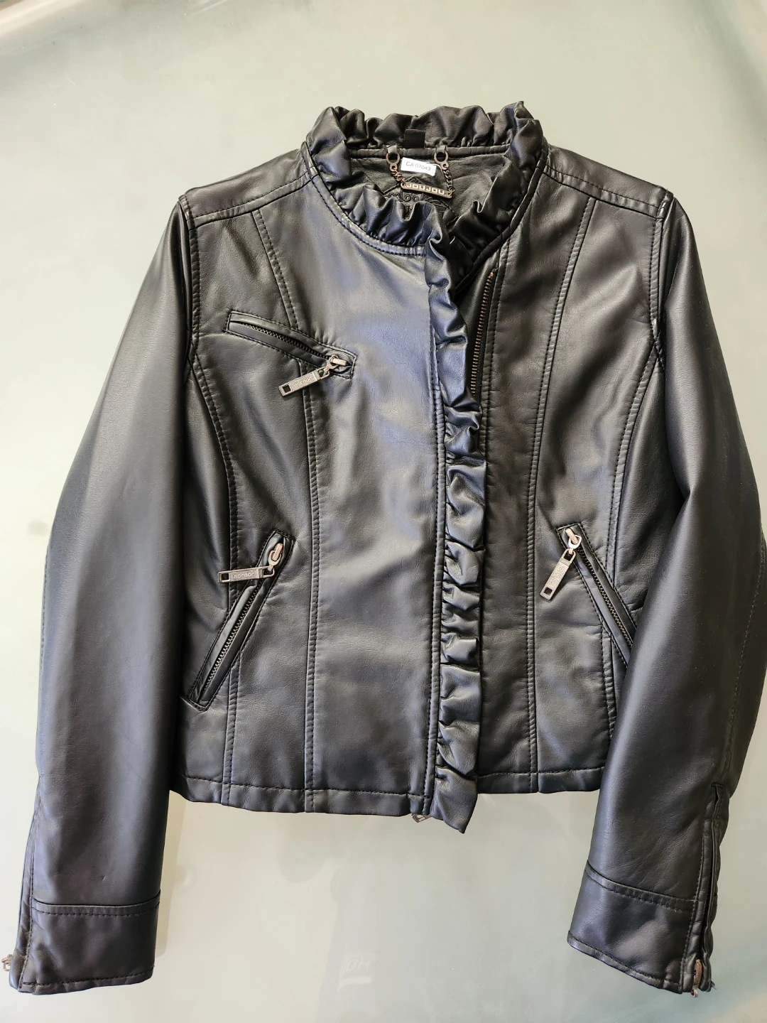 Girls Black Faux Leather Jacket with Ruffle Detail - photo 2