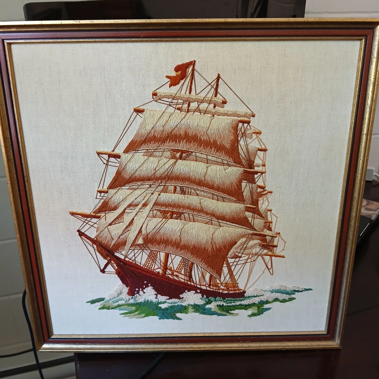 Framed Embroidered Tall Ship Art