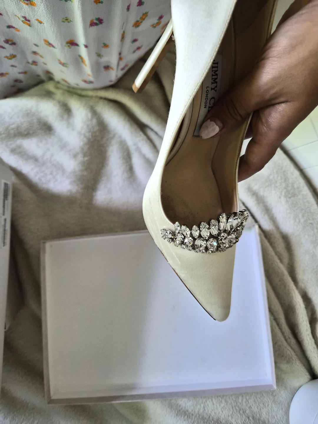 Jimmy Choo Ivory Satin Pumps with Crystals - photo 3