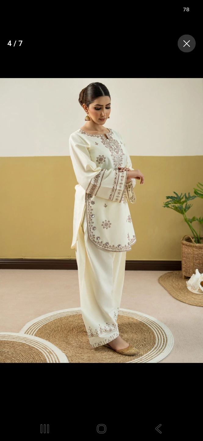 Cream Embroidered Kurta and Pants Set