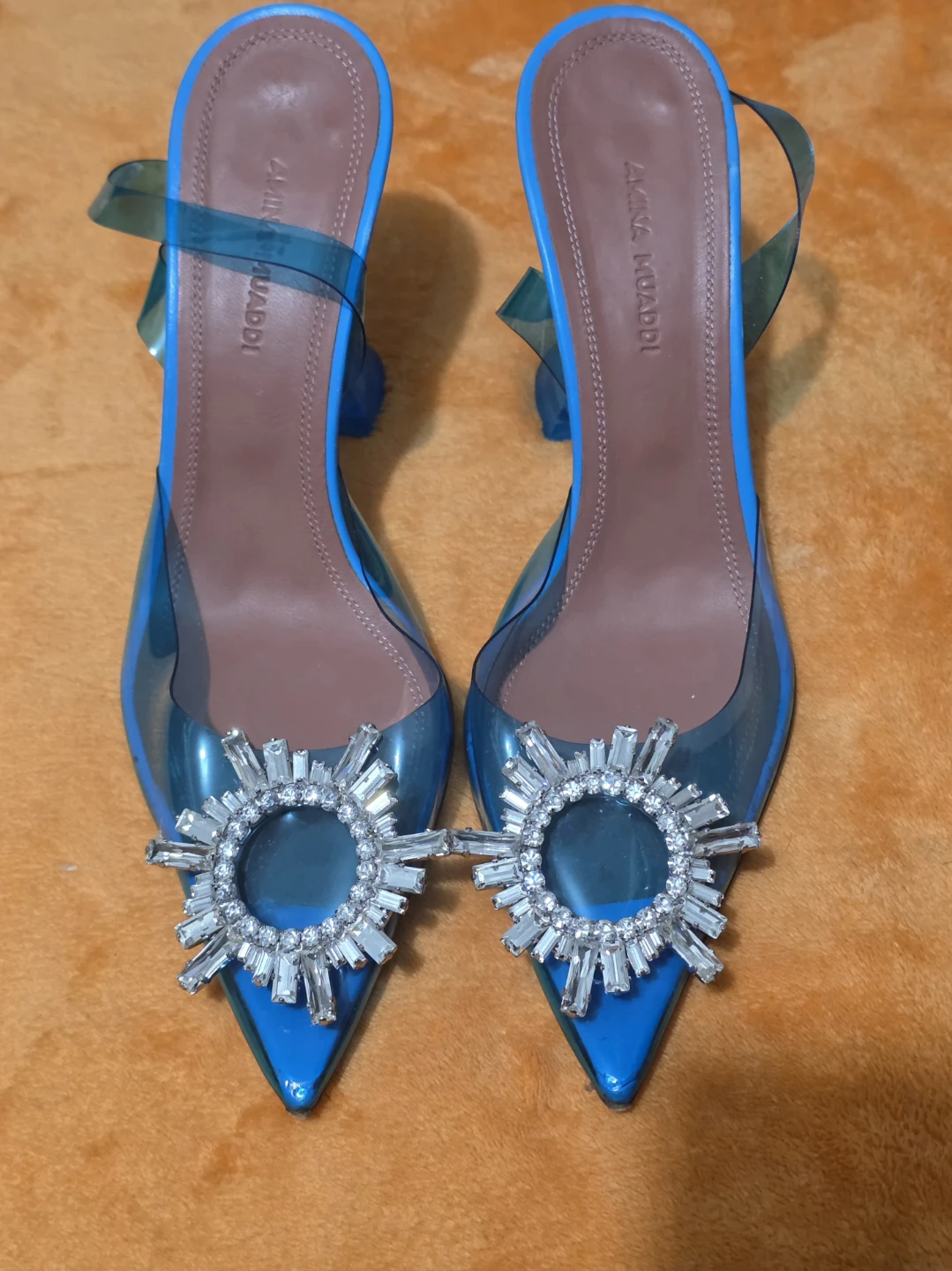 Amina Muaddi Blue Crystal Pointed Toe Heels size 37.5