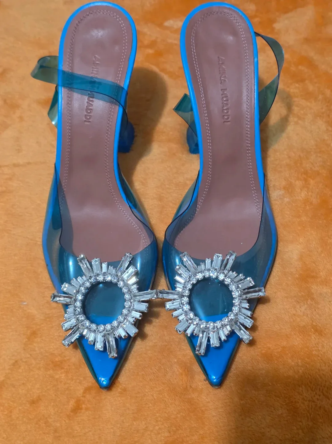 Amina Muaddi Blue Crystal Pointed Toe Heels size 37.5