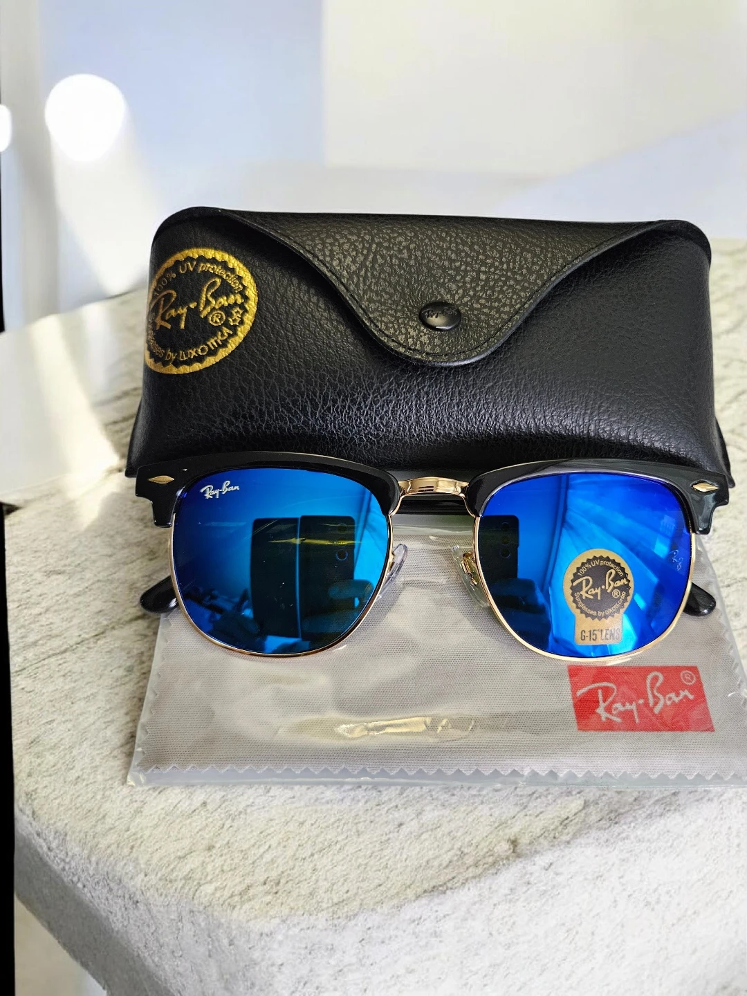 Ray-Ban Clubmaster Sunglasses with Blue Mirror Lenses