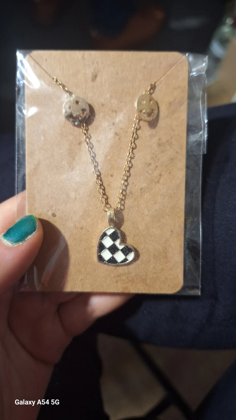 Gold Tone Chain Necklace with Checkered Heart Pendant