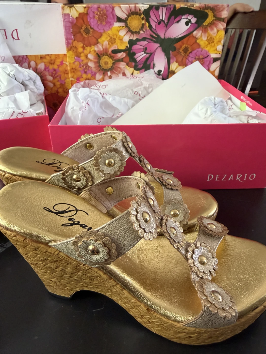 New in box Dezario Gold Wedge Sandals with Flower Embellishments - photo 5