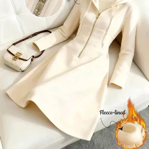 Cream Fleece-Lined Hooded Dress