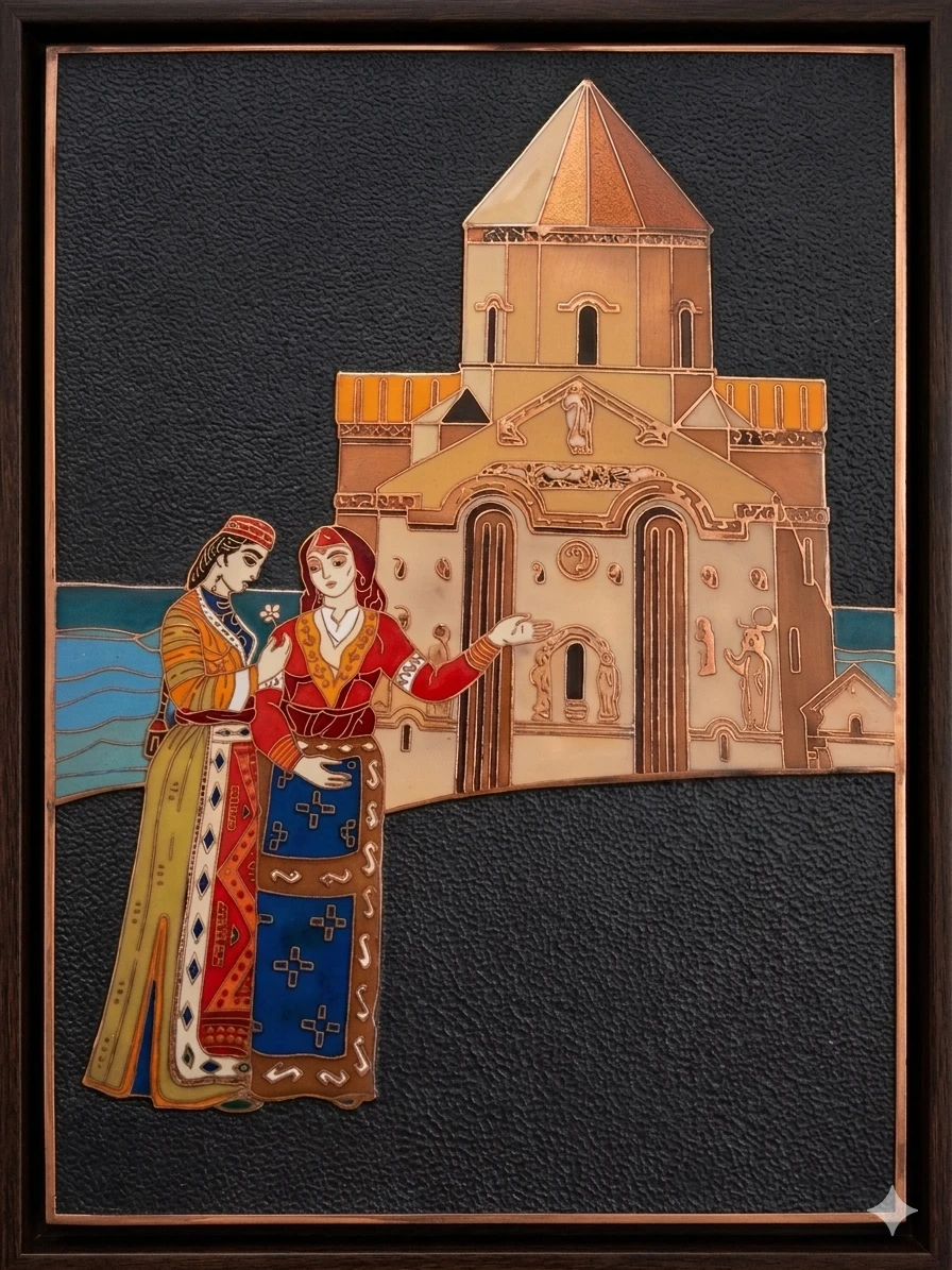 Vintage Soviet Armenian Chekanka Embossed Copper & Enamel