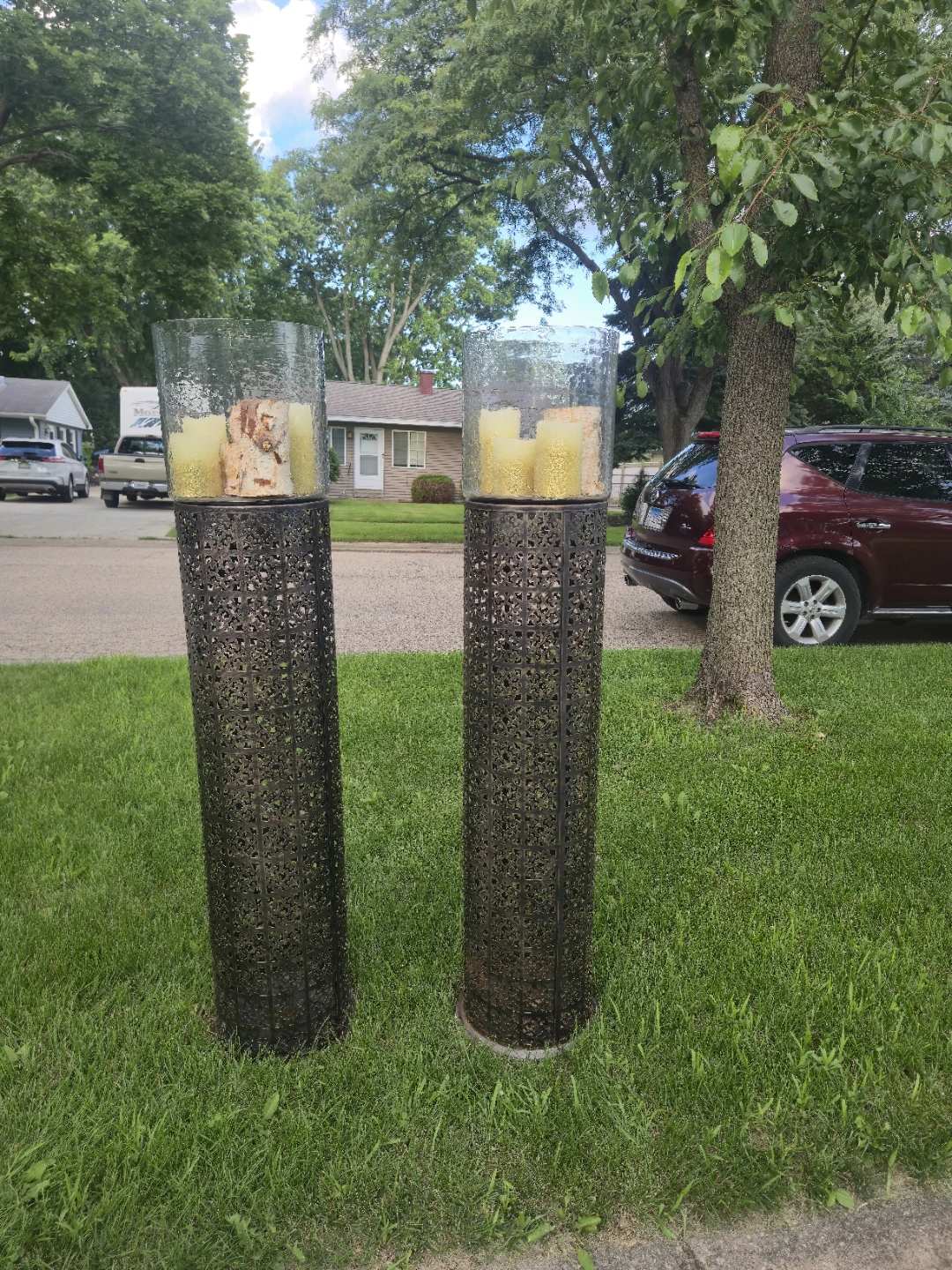 Tall Metal Lanterns with Glass Hurricane and Birch Logs